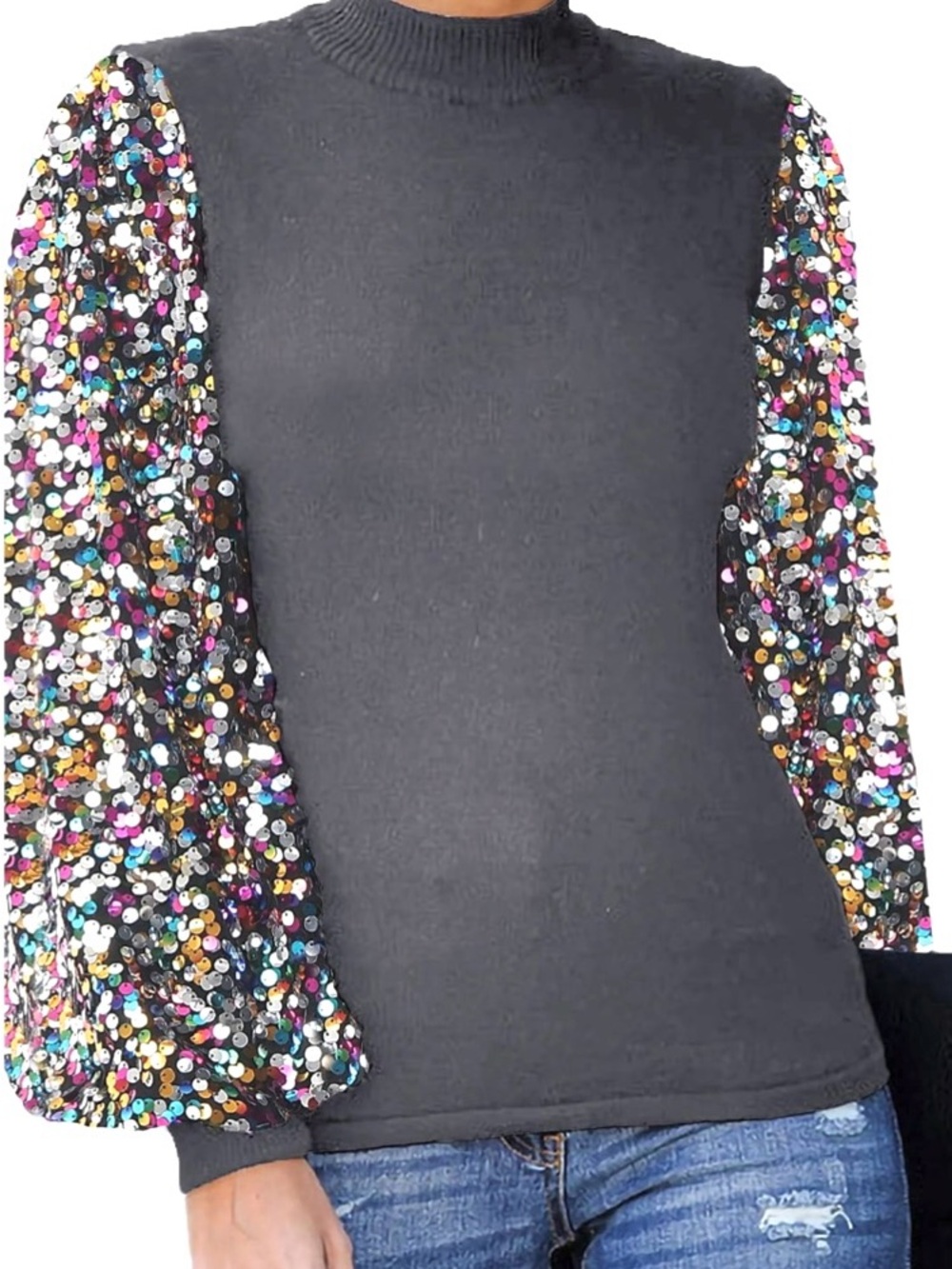 🌺Gray Sweater with Multicolor Sequin Balloon Sleeves